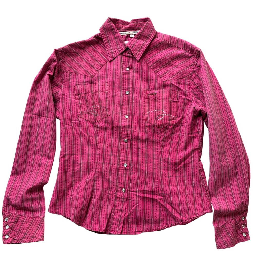 Cowgirl Hardware Pink Striped Western Snap Shirt Rhinestone Embellished Large